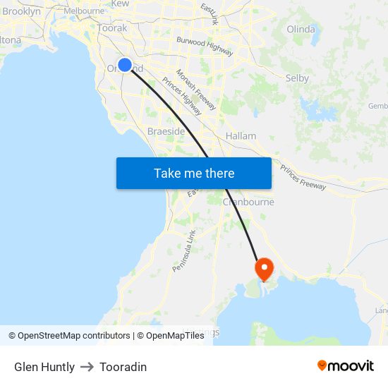 Glen Huntly to Tooradin map