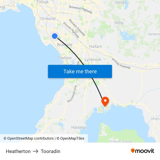 Heatherton to Tooradin map