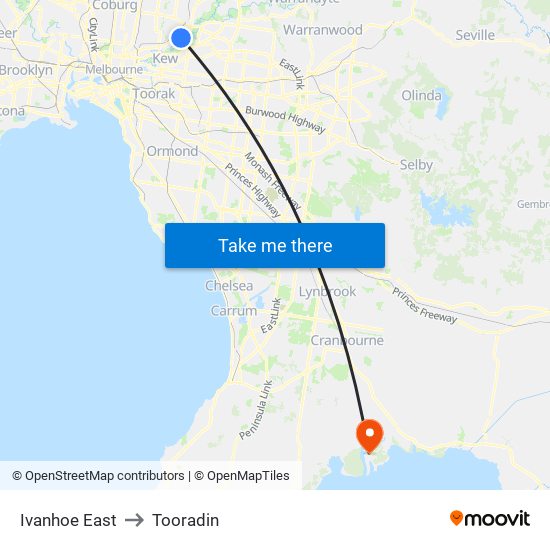 Ivanhoe East to Tooradin map