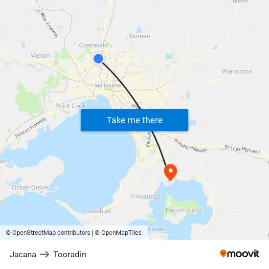 Jacana to Tooradin map