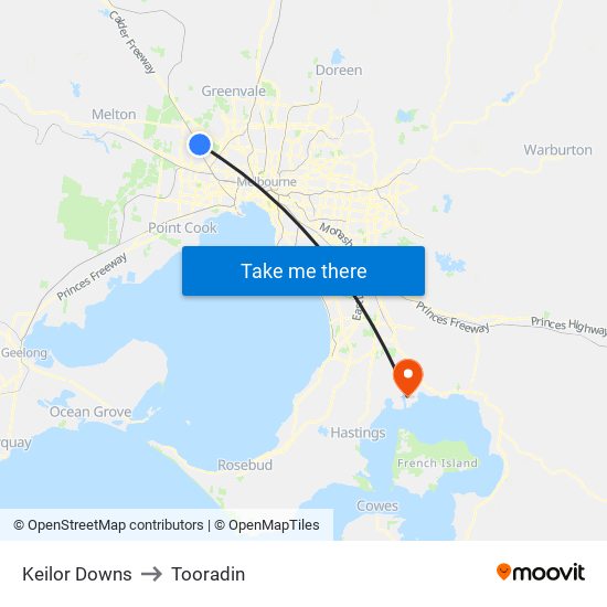 Keilor Downs to Tooradin map