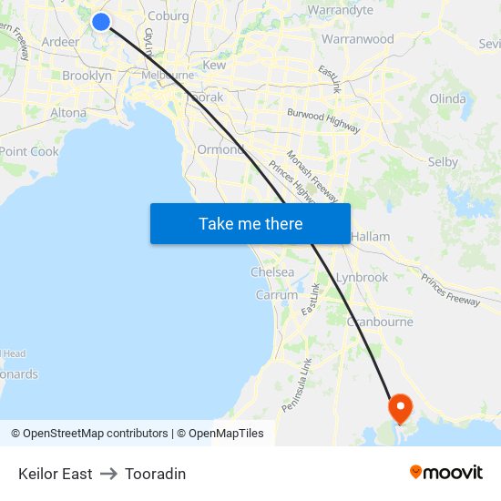 Keilor East to Tooradin map