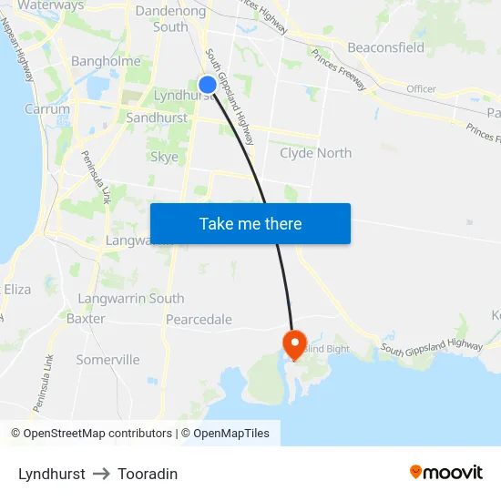 Lyndhurst to Tooradin map