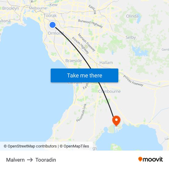 Malvern to Tooradin map