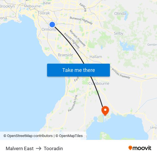 Malvern East to Tooradin map