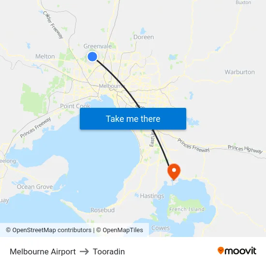 Melbourne Airport to Tooradin map