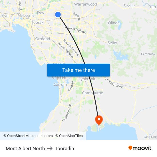 Mont Albert North to Tooradin map