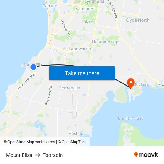 Mount Eliza to Tooradin map
