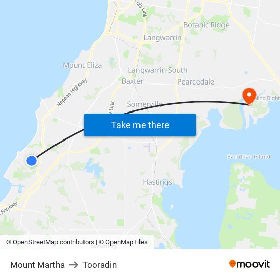 Mount Martha to Tooradin map