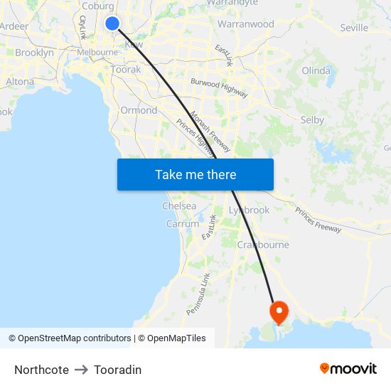 Northcote to Tooradin map