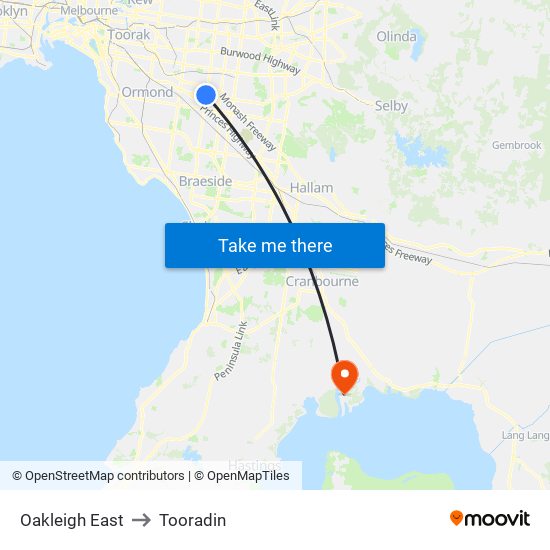 Oakleigh East to Tooradin map