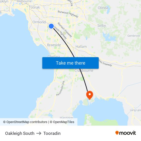 Oakleigh South to Tooradin map