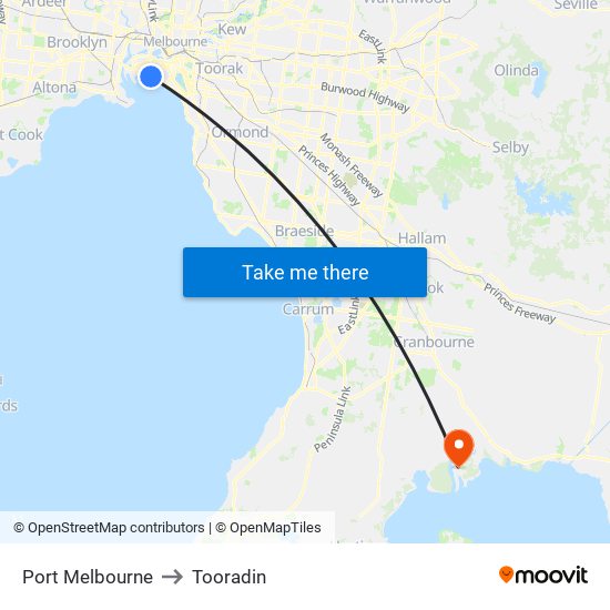 Port Melbourne to Tooradin map