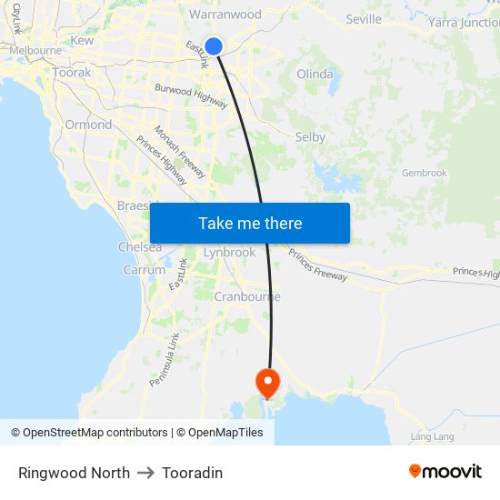 Ringwood North to Tooradin map