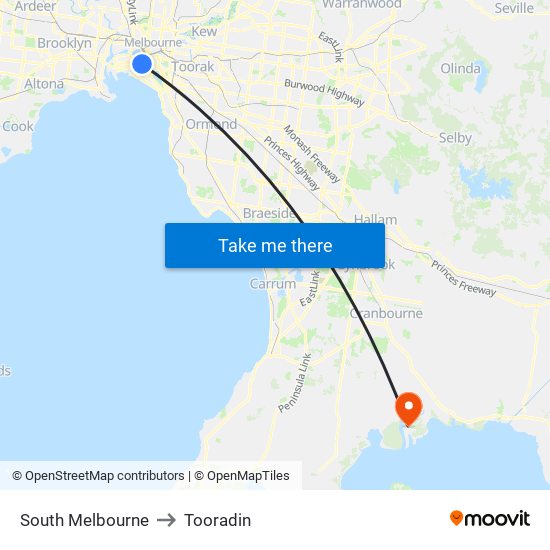 South Melbourne to Tooradin map