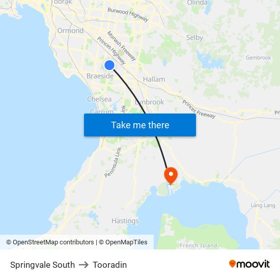 Springvale South to Tooradin map