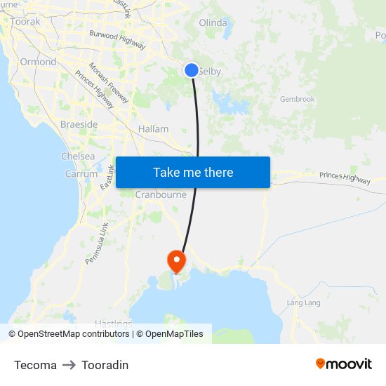 Tecoma to Tooradin map