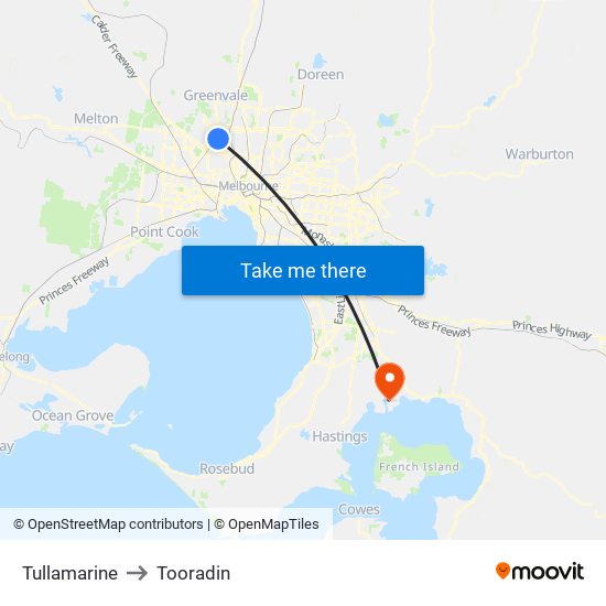 Tullamarine to Tooradin map