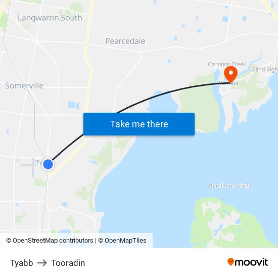Tyabb to Tooradin map