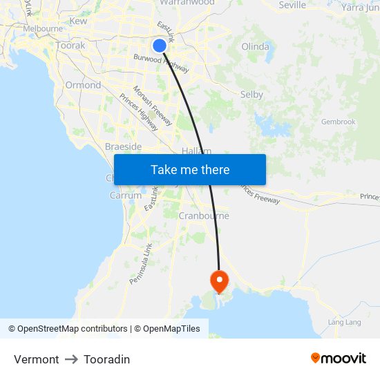 Vermont to Tooradin map