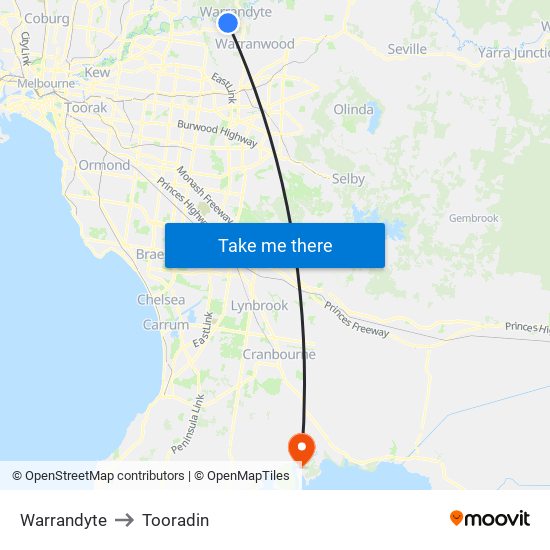 Warrandyte to Tooradin map