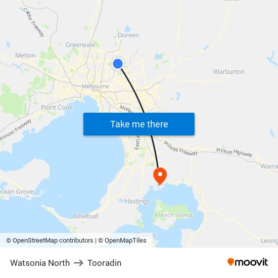 Watsonia North to Tooradin map