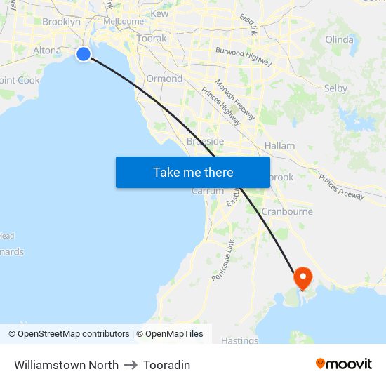 Williamstown North to Tooradin map