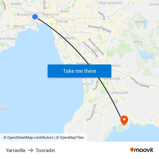 Yarraville to Tooradin map