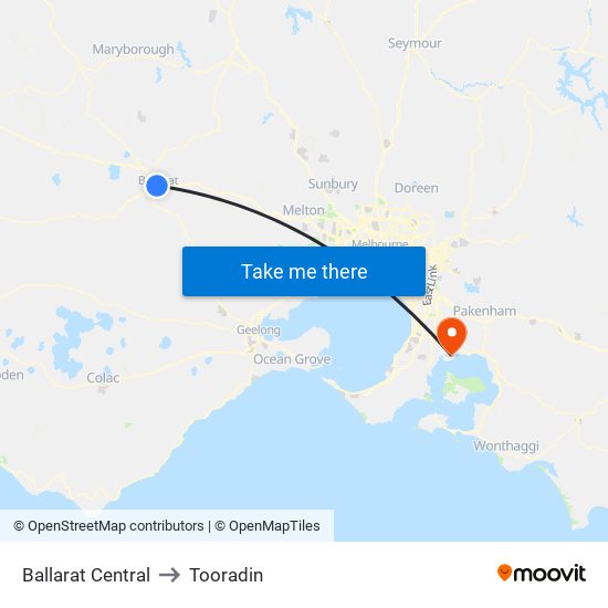 Ballarat Central to Tooradin map