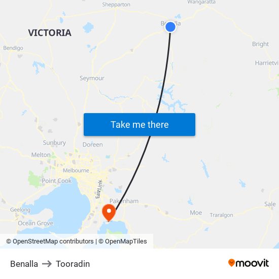 Benalla to Tooradin map