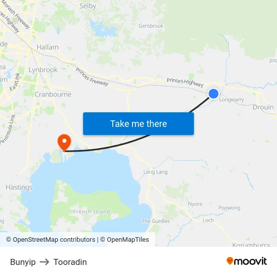 Bunyip to Tooradin map