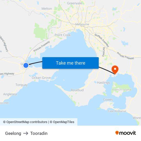 Geelong to Tooradin map