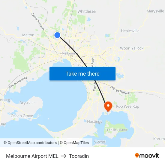Melbourne Airport MEL to Tooradin map