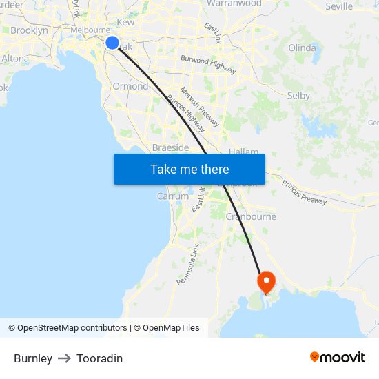 Burnley to Tooradin map