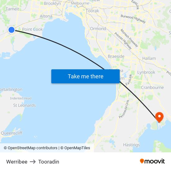 Werribee to Tooradin map