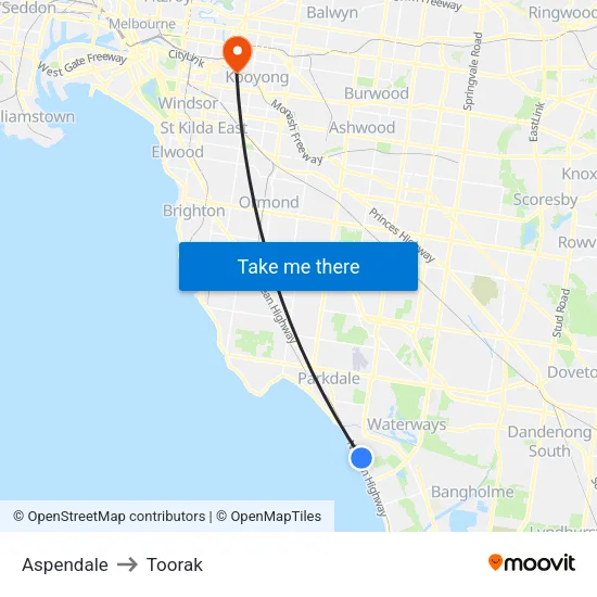 Aspendale to Toorak map