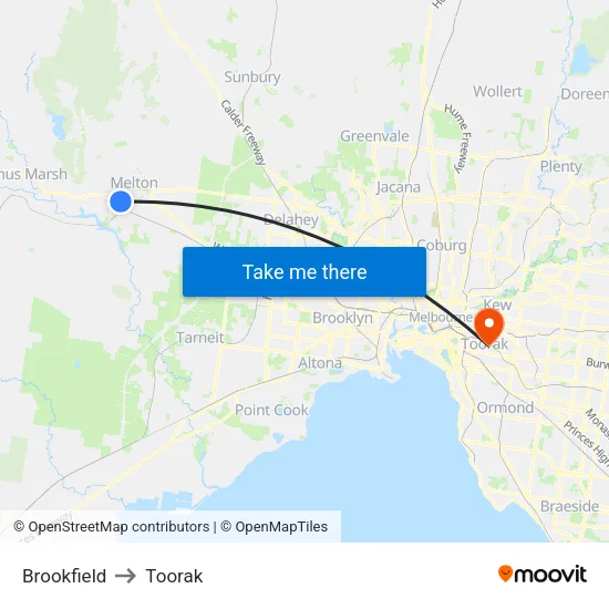 Brookfield to Toorak map