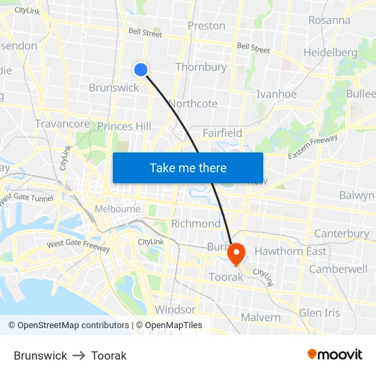 Brunswick to Toorak map