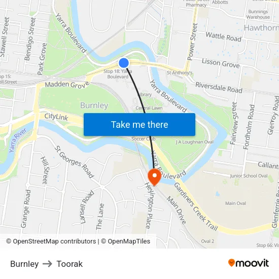 Burnley to Toorak map