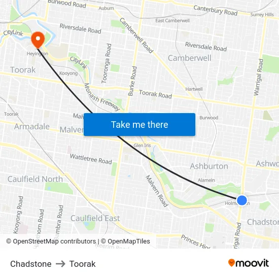 Chadstone to Toorak map