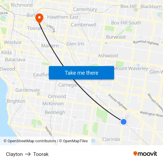 Clayton to Toorak map