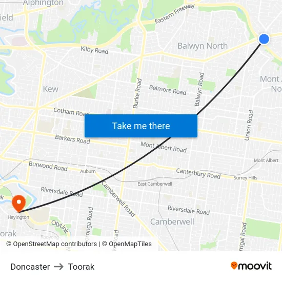 Doncaster to Toorak map
