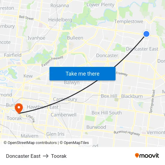 Doncaster East to Toorak map