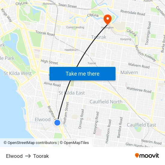 Elwood to Toorak map