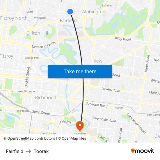 Fairfield to Toorak map