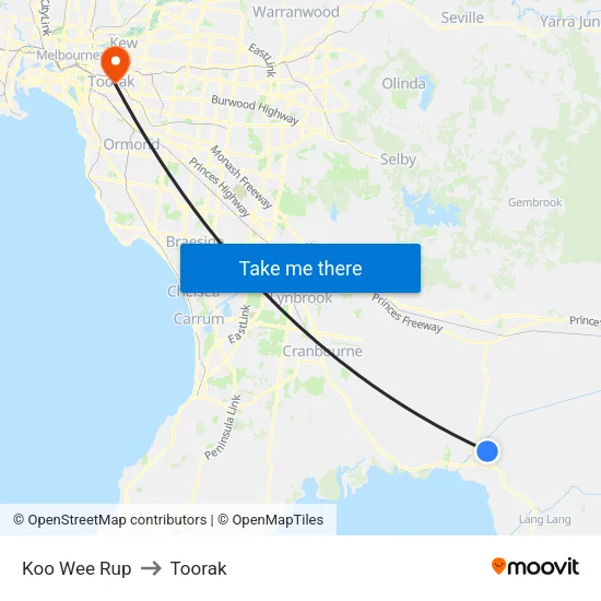 Koo Wee Rup to Toorak map