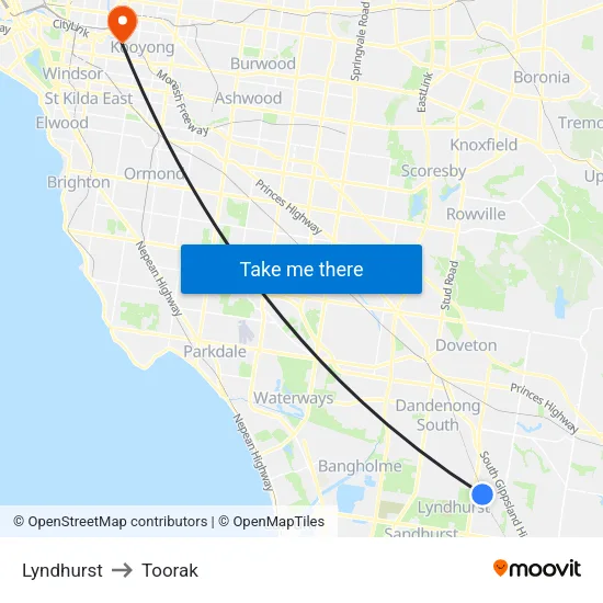 Lyndhurst to Toorak map