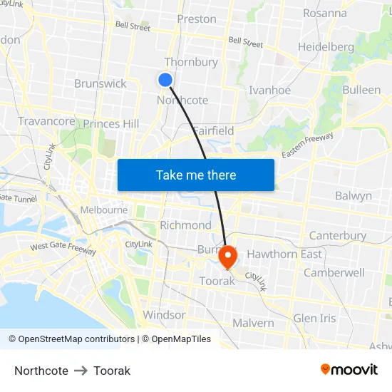 Northcote to Toorak map