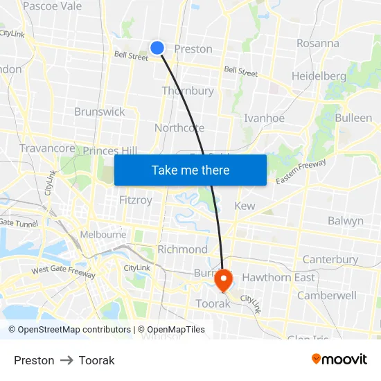 Preston to Toorak map