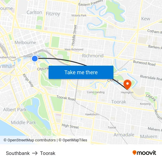Southbank to Toorak map